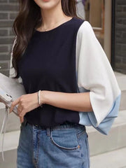 Contrast Color Split-Joint Batwing Sleeves Loose Round-Neck T-Shirts Tops