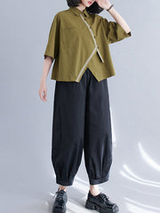 Half Sleeves Irregular clipping Lapel Blouses&shirts Tops