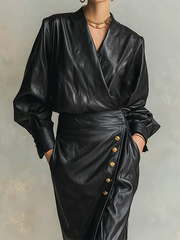 Long Sleeves Puff Sleeves Buttoned Pleated Solid Color V-Neck Midi Dresses