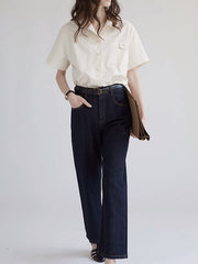 Buttoned Pockets Solid Color Loose Short Sleeves Notched Collar Blouses&Shirts Tops
