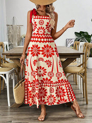 Elasticity Flower Print Pleated Tied A-Line Loose Spaghetti-Neck Midi Dresses