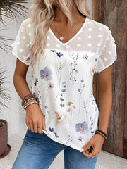 Flower Print Jacquard Split-Joint Loose Short Sleeves V-Neck T-Shirts Tops