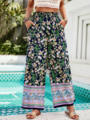 Elasticity Flower Print Pleated Pockets High Waisted Loose Trousers Pants