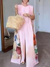 Loose Sleeveless Flower Print Round-Neck Jumpsuits