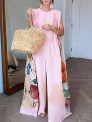 Loose Sleeveless Flower Print Round-Neck Jumpsuits