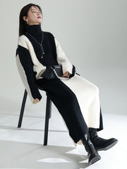 Casual Loose Long Sleeves Contrast Color High-Neck Sweater Top&Skirt Two Pieces Set