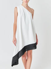 Asymmetric Contrast Color Pockets Split-Joint A-Line Loose One-Shoulder Midi Dresses