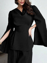 Long Sleeves Solid Color Split-Joint Tied Waist V-Neck Blouses&Shirts Tops