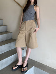 Pleated Solid Color High Waisted Loose Shorts Bottoms Half Pants