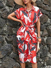 Buttoned Leaves Print Tied Waist Raglan Sleeve Short Sleeves Lapel Shirt Dress Midi Dresses
