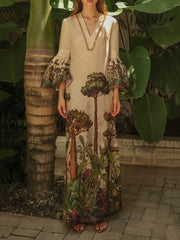 Leaves Print Flared Sleeves Loose V-neck Maxi Dresses