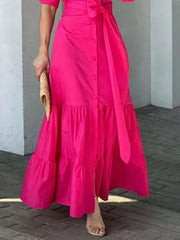A-Line Half Sleeves Buttoned Solid Color Tied Waist Polo Maxi Dresses