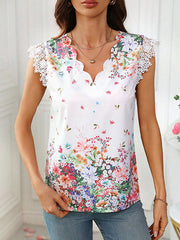 Flower Print Loose Sleeveless V-Neck Blouses&Shirts Tops