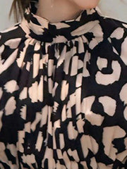 Leopard Pleated Printed Loose Puff Sleeves High Neck Blouses&Shirts Tops
