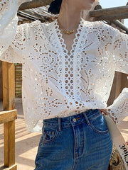 Hollow See-Through Solid Color Split-Joint Long Sleeves Loose V-Neck Blouses&Shirts Tops