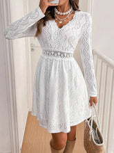 Hollow Lacy Solid Color Split-Joint High Waisted Long Sleeves V-Neck Mini Dresses