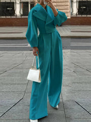 Buttoned Pleated Solid Color High Waisted Long Sleeves Lapel Outwear + Pants Two Pieces Set