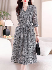 Elasticity Flower Print Tied Waist Long Sleeves Loose V-neck Midi Dresses