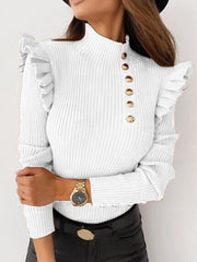 Buttoned Falbala Split-Joint Long Sleeves Skinny High-Neck Sweater Tops Pullovers