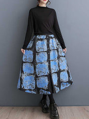 Contrast Color Elasticity Printed Split-Joint A-Line Loose Skirts