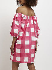 Elasticity Plaid Tied A-Line Half Sleeves Off-The-Shoulder Mini Dresses