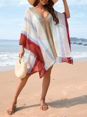 Hollow Striped Sun Protection Batwing Sleeves Loose V-Neck Beach Cover-Up