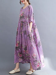 Artistic Retro Loose Pleated Printed Midi Dress