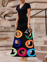 A-Line High Waisted Contrast Color Hollow V-Neck Maxi Dresses