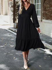 Pleated Solid Color Split-Joint A-Line High Waisted V-Neck Midi Dresses