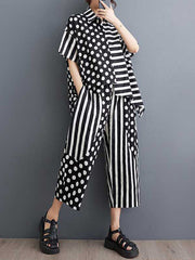 High-Low Asymmetric Half Sleeves Contrast Color Polka-Dot Split-Side Striped Lapel Blouses Top + Pants Bottom Two Pieces Set