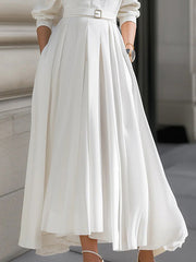 Long Sleeves Loose Belted Pockets Solid Color Stand Collar Maxi Dresses