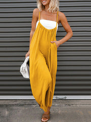 Solid Color Sleeveless Wide Leg Spaghetti-Neck Overalls