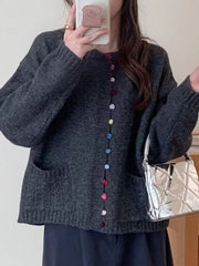 Buttoned Contrast Color Pockets Long Sleeves Loose Round-Neck Cardigan Tops