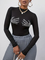 Rhine Stones Long Sleeves Skinny Round-Neck T-Shirts Tops