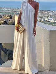 Solid Color Loose Sleeveless One-Shoulder Jumpsuits