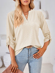 Jacquard Solid Color Loose Three-Quarter Sleeves V-Neck T-Shirts