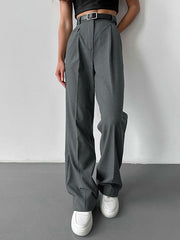 No Belt Solid Color High Waisted Loose Trousers Suit Pants