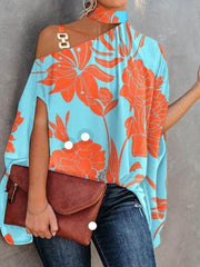 Asymmetric Chains Flower Print Hollow Batwing Sleeves Loose Asymmetric Collar T-Shirts Tops