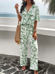 Loose Buttoned Leaves Print Lapel T-Shirts Top + High Waisted Elasticity Pants Bottom Two Pieces Set