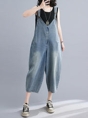 Buttoned Cropped Loose Denim Overalls