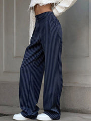 Buttoned Striped High Waisted Wide Pants Trousers Pants