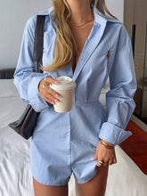 Buttoned Pleated Solid Color Split-Joint High Waisted Long Sleeves Lapel Rompers