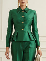 Buttoned Contrast Color Ruffled Split-Joint Elasticated Waist High Waisted Lapel Blouses&Shirts Tops Blazer