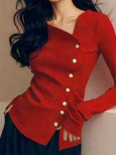 Buttoned Pleated Solid Color Long Sleeves Skinny T-Shirts Tops