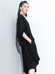 Loose Solid Color Round-Neck Short Sleeves Tops+ Elasticity Pleated Cropped Pants Two Pieces Set
