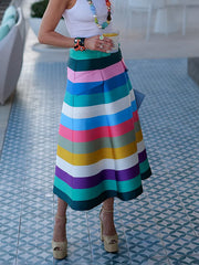 A-Line Loose Belted Contrast Color Split-Joint Striped Skirts Bottoms