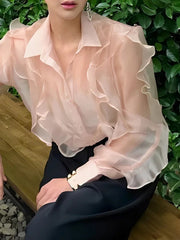 Buttoned Ruffle Trim See-Through Split-Joint Long Sleeves Loose Lapel Blouses&Shirts Tops