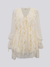 Ruffle Trim Solid Color Tied A-Line High Waisted V-Neck Mini Dresses