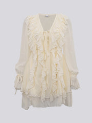 Ruffle Trim Solid Color Tied A-Line High Waisted V-Neck Mini Dresses