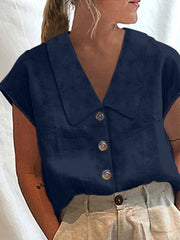 Buttoned Solid Color Cap Sleeve Loose Lapel Blouses&shirts Tops